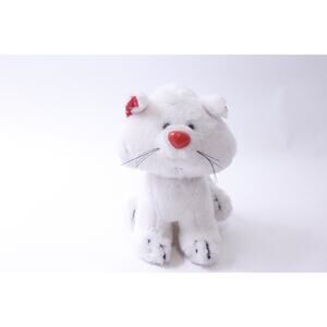 80s Cute White Plush Cat with Red Nose and Ears, Adorable, Soft Toy, 7 inches